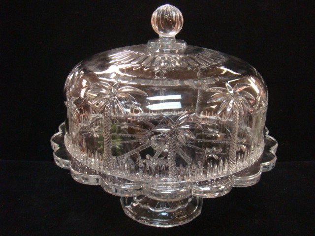 Heavy Crystal Palm Tree Cake Stand w/Dome Lid:: Heavy Crystal Palm Tree Cake Stand w/Dome Lid: Scalloped Rim Cake Stand has Molded Palm Tree Pattern. Dome Lid has Palm Trees on Sides, Ball Knob on Top. 12"T X 12 3/4"D. (100-200)