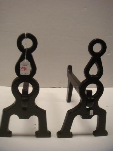 Pair of Vintage Black Painted Andirons:: Pair of Vintage Black Painted Andirons: Cast Iron Triple Keyhole Designed Andirons. Early 20th C. 13 1/2"T X 7 1/2"w X 12 1/2"D. (100-200)