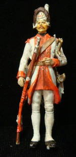 90MM Model Soldier, PRUSSIAN GRENADIER CA 1750:: 90MM Model Soldier, PRUSSIAN GRENADIER CA 1750: Hand Painted Model of Prussian Grenadier in Military Uniform CA 1750. Missing Stand, Very Good Condition with Musket and Captured Sword. (100-175)