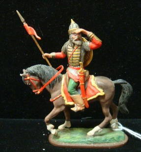 54MM Model Soldier, Mounted Mongol Warrior:: 54MM Model Soldier, Mounted Mongol Warrior: Hand painted Model of Mounted Warrior with Shield and Lance .Painted By TN 2003, St Petersburg Model Company. (120-200)