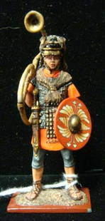 54MM Model Soldier, Roman Legionnaire, Trumpeter:: 54MM Model Soldier, Roman Legionnaire, Trumpeter: Hand painted Model of Roman Warrior with Bearskin Head Dress, Shield and Curvious Cornu or Buccina. Painted by RO52, St Petersburg Model Company. 