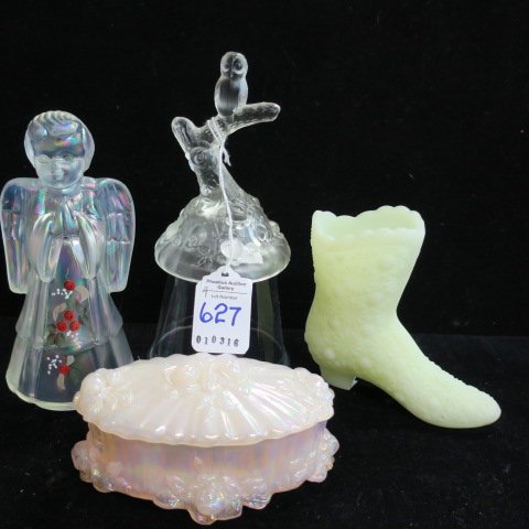 Four FENTON Cabinet Pieces:: Four FENTON Cabinet Pieces: Custard Glass in Daisy & Button Boot, 4 1/4"T. Pink Champagne Iridescent Oval Rose Trinket Box, 5"L. Frosted Owl on Branch Ring Holder, 4 1/2"T. HP Iridescent Praying Angel