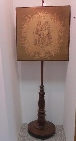 Adjustable Tapestry Firescreen on Cherry Wood Pole:: Adjustable Tapestry Firescreen on Cherry Wood Pole: Square Framed Machine Made Tapestry with Romantic Scene Attached to Adjustable Vase and Ring Form Pole. Adjustable Post is 52 1/2"T. Tapestry is 18"