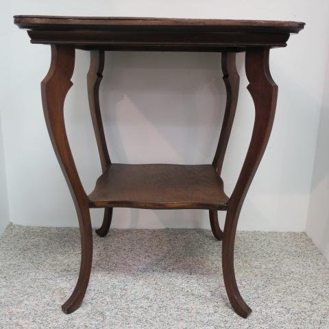 Victorian Style Oak Fern Stand:: Victorian Style Oak Fern Stand: Shaped Top with Ogee Apron, Carved Cabriole Out swept Legs and Median Shelf. 29"T with 24" Squared Top. (100-200)