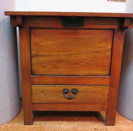 Chinese Lift Top Rice Box with Single Lower Drawer:: Chinese Lift Top Rice Box with Single Lower Drawer: Similar to American Mule Chest Made of Pine with Hand forged Lock, Through Tenon Constructed Top, Inset Front, Side Panels and Flat Apron. Hand forg
