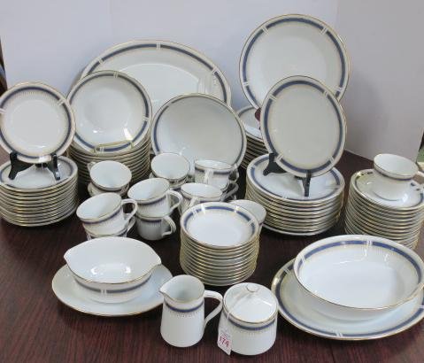 95 Pieces of NORITAKE "Blue Dawn" China:: 95 Pieces of NORITAKE "Blue Dawn" China: Seven Serving Pieces Including 2 Oval Trays, Gravy with Attached Underplate, Round Bowl, Creamer & Covered Sugar. 12- Seven Piece Place Settings and 14 Cups & 