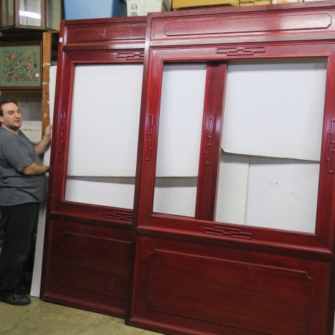 Pair of Asian Rosewood Stained Panels:: Pair of Asian Rosewood Stained Panels: 106" x 48" x 3" Mahogany Panels with Applied Oriental Decorations and Carvings. Glass Panels Missing. Make a Great Surround for a Flat Screen TV. Matches 181-189