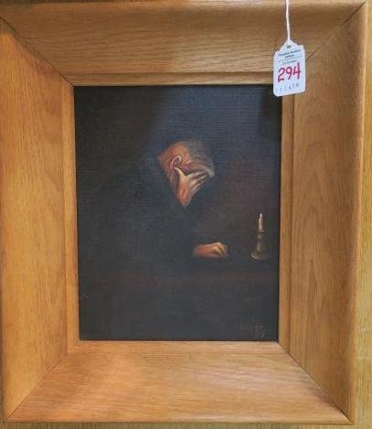 Signed LESSER, Oil on Board Man with Candle:: Signed LESSER, Oil on Board Man with Candle: Dated '68 LR. Pensive Man Bent Over Table in Style of The Famous Painting "Grace". on Canvas Board, 8" X 10" Image in 3" Frame. (80-140)