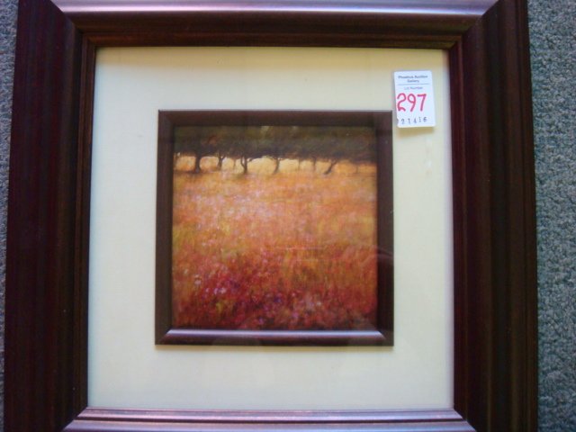 Landscape Print in Molded Frame with Glass:: Landscape Print in Molded Frame with Glass: Autumn Field with Tree Line in Background. Signed in Print LL. In a Narrow Wood Frame Securing the Mat Surrounded by a Larger Ogee Style 3" Frame. 14" Squar