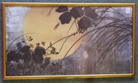 Shibata Zeshin "Autumn Grasses in Moonlight" Print:: Shibata Zeshin "Autumn Grasses in Moonlight" Print: Shibata Zeshin (Japanese 1807-1891). The Original is the Right Side of a Two-Fold Screen in Ink, Lacquer and Silver Leaf on Paper and is in the Harr