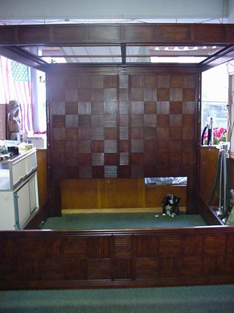 Asian Contemporary Bamboo Motif King Size Canopy B: 560. Asian Contemporary Bamboo Motif King Size Canopy Bed: 7' Wide X 8'L X 7'T. Headboard is Line Carved Reverse Tile Pattern with Design Repeated on Foot. Chased Bracket on Top with Canopy Lattice Fr