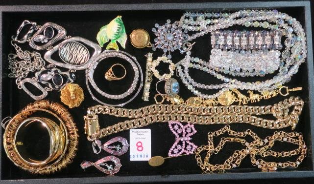 Medley of Attractive Ladies Costume Jewelry:: Medley of Attractive Ladies Costume Jewelry: Crystal Necklace and Bracelets, Rhinestone Bracelets, Butterfly Pin, Noah's Ark Bracelet, Vintage Blue Topaz Ring, Locket, Opal Ring, Enamel Fish Pin, Wire