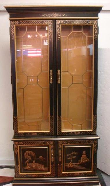 Black and Gold Asian Style China Cabinet:: Black and Gold Asian Style China Cabinet: Double Glass Doors with Lighted Interior and Brass Mullions, Lower Blind Doors Have Scenic Panels and Open to 2 Interior Shelves. Solid Back and Sides, Gold F