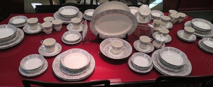 ROYAL CASTLE Fine China "Georgian" Tableware:: ROYAL CASTLE Fine China "Georgian" Tableware: White with Black Pattern Rim. Twelve Each Dinner and Luncheon Plates, 13 Bread Plates, 12 Each Soup and Berry Bowls, 15 Cups & Saucers, Gravy with Underpl