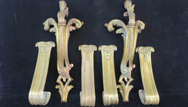 Two Large Ormolu Mounts, 4 Curtain Tiebacks, Sconces:: Two Large Ormolu Mounts and 4 Curtain Tiebacks,Sconces: Heavy Ormolu Corner Mounts with Scrolls and foliate Designs. Four Brass Curtain Tiebacks with Bellflower Design. Pair of Vintage Brass Electrifi