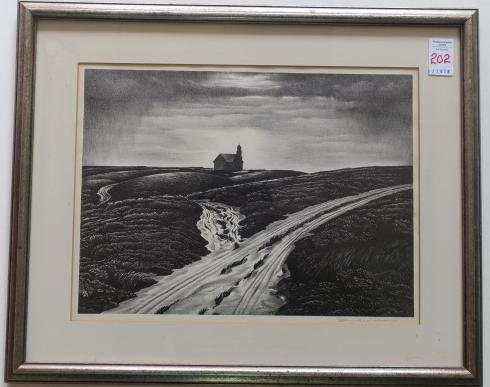 Artist Proof Lithograph Signed Edwin Wilson:: Artist Proof Lithograph Signed Edwin Wilson: NJ Artist and Illustrator of Children's Books. Signed in Pencil LR. Church in the Distance on Rolling Hills with Swatches of White Across the Landscape. Ma