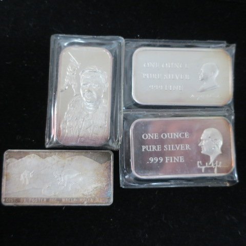 Four 1 OZT .999 Silver Ingots, Americans Theme:: Four 1 OZT .999 Silver Ingots, Americans Theme: Babe Ruth, Presidents Lyndon Johnson and Dwight D. Eisenhower, and Prospectors. Living Estate of Nick Beskenis (80-160)