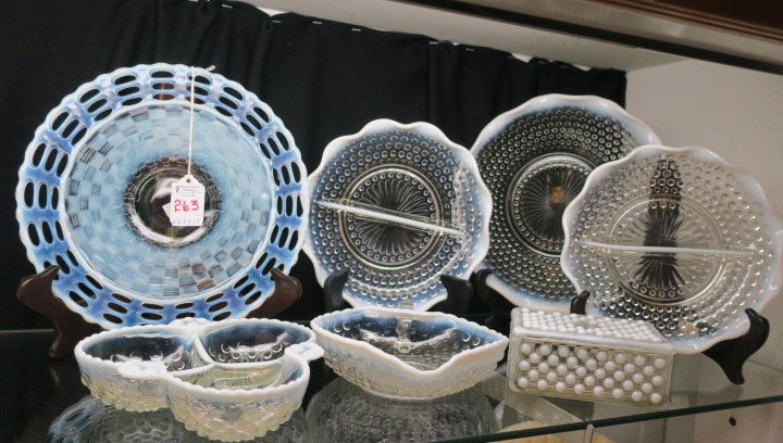 Six Pieces Opalescent Hobnail and Fenton Plate:: Six Pieces Opalescent Hobnail and Fenton Plate: Fenton Lacy Edge Tidbit Plate with Basketweave Center. Opalescent or Moonstone Hobnail Fruit Bowl, Two Divided Relish Dishes, Cloverleaf Relish Dish, He
