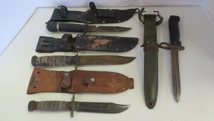 US Army M8A1 Bayonet and Three KABAR Style Knives:: US Army M8A1 Bayonet and Three KABAR Style Knives: All With Scabbards, No Sharping Stones, One Kabar has Compass for Pommel. (50-150)