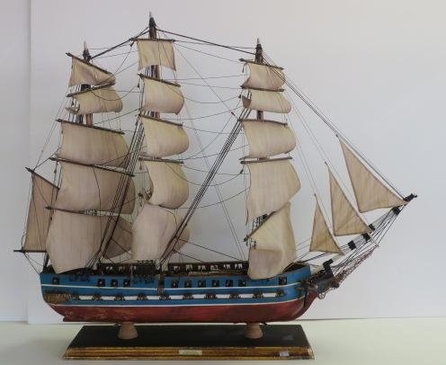 Wooden Ship Model USS CONSTITUTION, Fully Rigged:: Wooden Ship Model USS CONSTITUTION, Fully Rigged: Complete with Cannons and Sails, 36" x 30" x 10". America's Longest Commissioned Warship, You can Still Visit her in Boston Harbor. Blue Painted Hull.