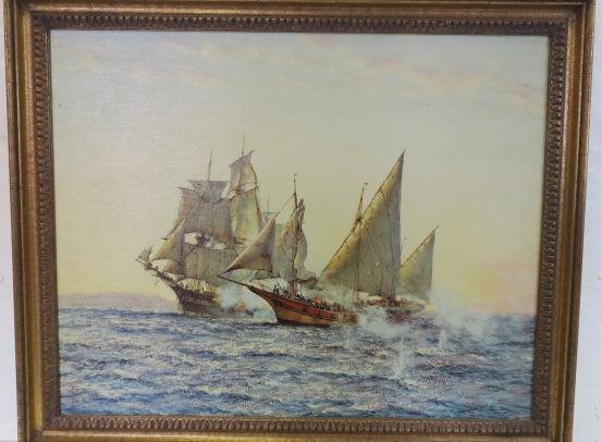 MONTAGUE DAWSON, "First Blood", Print on Canvas.: MONTAGUE DAWSON, "First Blood", Print on Canvas. Dawson (1890-1973) English Painter Renown for Pictures of sailing Ships. USS Enterprise Takes the Tripolitan Corsair "Tripoli" to start Mr. Jefferson's