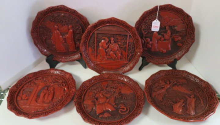 6 Cinnabar Plates "The Legend of the Peacock Maiden":: 6 Cinnabar Plates "The Legend of the Peacock Maiden": A Work of Art in the Tradition of Oriental Lacquerware from the Ming Dynasty. Series of Six Plates Including, "The Prince and the Python", The Mar