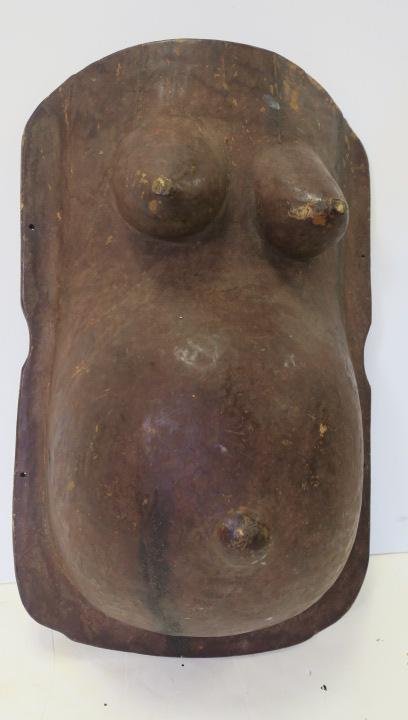 MAKONDE Tribe, Tanzania, Fertility Body Mask:: MAKONDE Tribe, Tanzania, Fertility Body Mask: CA 1920. Body Fertility Masks Depict a Pregnant Form. The Njorowe Body Plate with Protruding Belly and Navel is Worn By Men. 28" x 13". African Art Collec