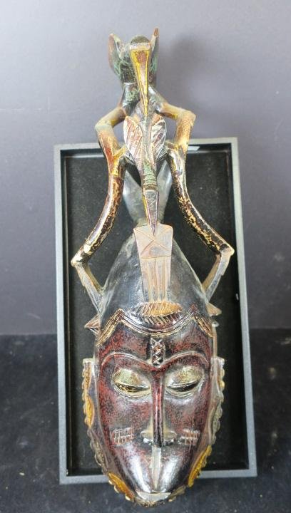 African Bird Spirit Mask:: African Bird Spirit Mask: It is Common in Africa to see Large Storks in Tall Skinny Trees. Two Birds on this Dance Mask in tall Tree. Elongated Nose, Small Mouth, Coffee Bean Eyes. African Art Collect