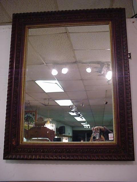 Vintage Wooden Carved Frame with Mirror:: 1093. Vintage Wooden Carved Frame with Mirror: 23" X 31" in 7"W Frame with Gold Bead Liner. Minor Chips on Frame. For a Detailed Condition Report call 1 757 722-9210. All Sales are "AS IS", no refunds