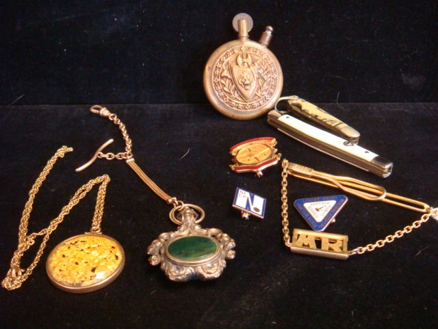 Ten Pieces of Ladies' and Men's' Costume Items:: Ten Pieces of Ladies' and Men's' Costume Items: Two Pocket Knives, 1 Imperial Repousse Flint Lighter (it Works!), a Pendant with Gold Leaf Pieces, Men's Initialed Tie Bar, TCC 10KT Service Pin, 2 Nurs