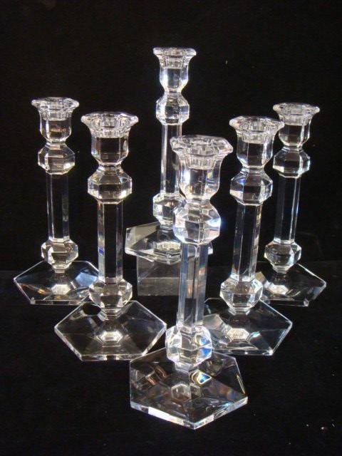 Set of 6 VAL ST. LAMBERT Clear Crystal Candlesticks:: Set of 6 VAL ST. LAMBERT Clear Crystal Candlesticks: 20th C. Hexagonal Paneled with Conforming Tapered Bases. Made in Belgium, 1925-1940. Marked "Val St. Lambert". 9.5"T. (400-600)