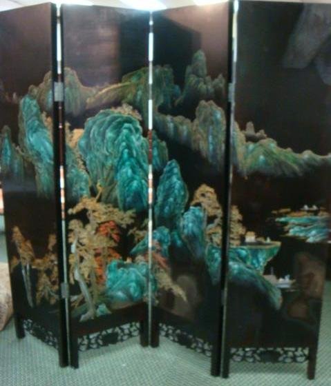 Four Panel Chinese Lacquered Screen:: Four Panel Chinese Lacquered Screen: Heavily Carved Applied Hardstone with Center Panel of Various Styles of Vases, An Upper Panel of Birds & Blossoms, Lower Panel of Horses and Flowering Trees. Rever