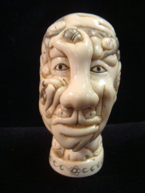 Erotic Ivory "What's on a Man's Mind" Hand carved:: Erotic Ivory "What's on a Man's Mind" Hand carved: 3" Tall Hand carved Erotic Ivory and Gentleman Composed of Lovely Young Ladies forming his Nose, Lips Forehead, Cheeks and Neck. Skull Cap removes to