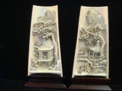 Two Part Chinese Scenic Ivory Diorama:: Two Part Chinese Scenic Ivory Diorama: Curved Backdrop with Elaborately Detailed 3 Dimensional Scenes of Working and Playing Figures and Vegetation. Mounted on Wooden Stand. 7 1/2"T. No International