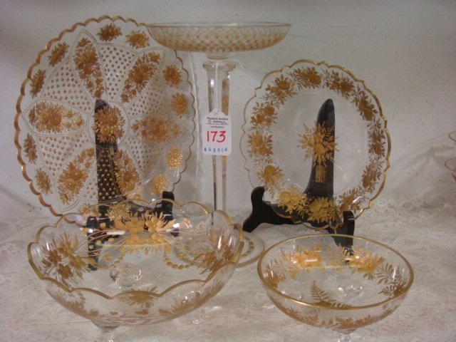 Vintage MOSER Gilded Intaglio Tableware, 5 Pieces:: Vintage MOSER Gilded Intaglio Tableware, 5 Pieces: Each Piece has Gilded Intaglio Florals and Leaves. Scalloped Edge 8 1/2" Plate (Chips), 7" Scalloped Shallow Bowl (Rim Chip), 6 1/2" & 4 7/8" Bowls w