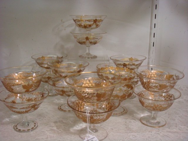 Sixteen MOSER Gilded Intaglio Sherbets:: Sixteen MOSER Gilded Intaglio Sherbets: Three Different Patterns, 2 1/2" to 2 3/4"T. Four with Rim Flakes and Some Wear to Gold on Rims. (200-300)