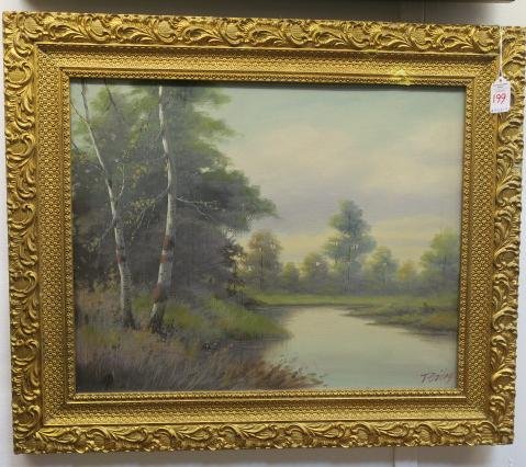 Oil on Canvas Landscape Signed T. Bailey: Oil on Canvas Landscape Signed T. Bailey Birch Trees and Meandering Stream with Misty Trees in Background. Morris Hambro Would Buy Unsigned Work from Artists, Sign T Bailey and Sell Door to Door. Susp