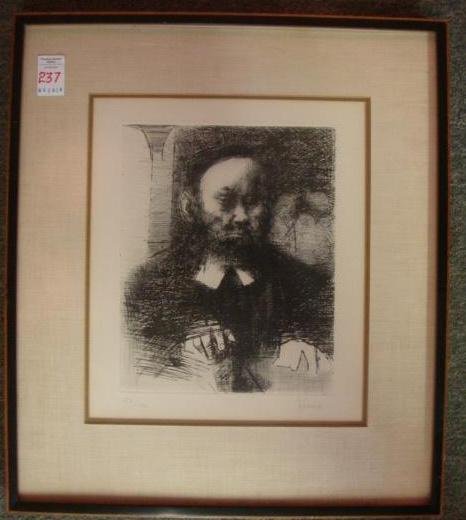 Signed J. Levine Male Portrait Etching:: Signed J. Levine Male Portrait Etching: Jack Levine, New York Artist (1915-2010), Signed in Pencil LR, #52/100. Seated Rabbi in his Study. Social Realist, Painter, & Print Maker. Works Hung in the Vat