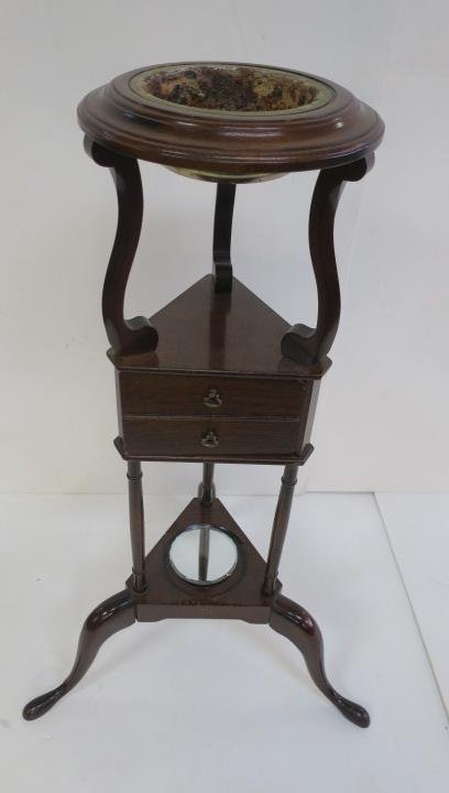 Georgian Style Gentleman's Mahogany Wig Stand:: Georgian Style Gentleman's Mahogany Wig Stand: Round Ogee Top Over Two Center Drawers Supported By Three Columns, Having Triangular Medial Shelf on Cabriole Legs and Ending with Slipper Feet. The Top 