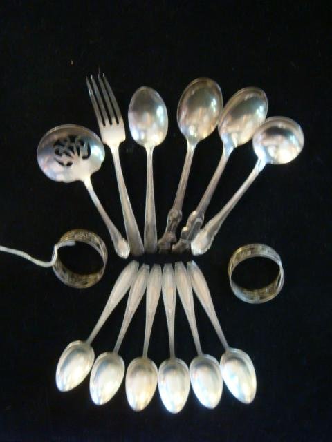 Eleven PCS Sterling Silver Flatware, 2 Napkin Rings:: Eleven PCS Sterling Silver Flatware, 2 Napkin Rings: Gorham Camelia Teaspoon and Fork, Six Wallace Juliet Teaspoons, Lunt Modern Victorian Pierced Bonbon Spoon, Pair of Pierced Mexican Sterling Napkin