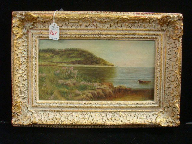 Oil on Canvas board Waterscape Signed SMA:: Oil on Canvas board Waterscape Signed SMA: Initialed Lower Right. John Wanamaker Sticker on Back Dates from 1925-1950. Sailboats Off a Point in Distance, Moored Row Boat in Foreground. Image is 12 1/2