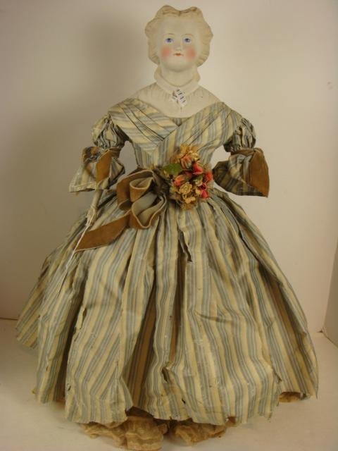 PARIAN Shoulder Plate Doll, "Sara Jane":: PARIAN Shoulder Plate Doll, "Sara Jane": Shoulder Plate Decorated with Molded Collar & Pleats. The Tie Bar has Blue Bars and a Hint of Gold on Brows to Match Her Blonde Hair. Lower Arms are Bisque wit