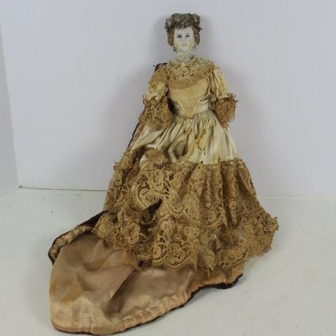 Character Doll of Queen, Parian Doll:: Character Doll of Queen, Parian Doll: Shoulder Head Doll with Molded Brown Hair & Features, Original Earrings and Decorative Headdress Having Bisque Arms with Kid Body. Period Gown with Age Deteriorat