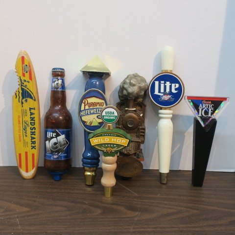 Seven Various Beer Tap Handles:: Seven Various Beer Tap Handles: HEFEWEIZEN Pyramid Ale, COORS Artic Ice, LANDSHARK LAGER Island Style, Organic WILD HOP Lager, MILLER Lite Bottle and LITE and Steam Locomotive. (140-300)