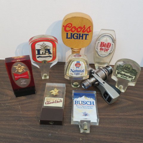 Nine Beer Tap Handles:: Nine Beer Tap Handles: GUINNESS Stout, Coors Light, ANHEUSER-BUSCH LA, BUSCH, ANHAUSER BUSCH Natural Light Beer & Classic Dark, BUD ON TAP, BUDWEI0SER KING OF BEERS, WURZBURGER HOFBRAU. 6" TO 10" Tall