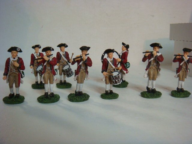 Nine Piece American Revolutionary Fife & Drum Corps: Nine Piece American Revolutionary Fife & Drum Corps By Lang & Wise, Williamsburg Features the Leader, Four Fifes, Three Drummers and Bass Drummer. Good Condition, Missing one Drum stick and Mace. Hand