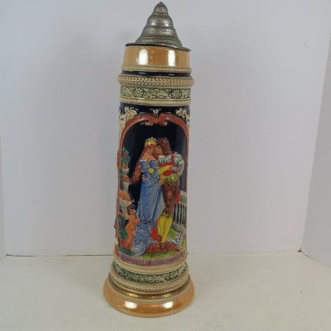 Tall German Beer Stein:: Tall German Beer Stein: Romantic Couple and Cupid on Front. Made in Germany. 19" Tall. (80-150)