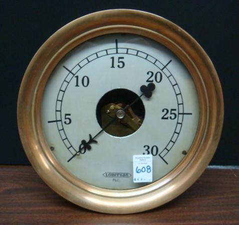 Vintage JE LONERGAN Iron and Brass Pressure Gauge:: Vintage JE LONERGAN Iron and Brass Pressure Gauge: Made by John Edward Lonergan Co. of Philadelphia, Pa. Painted Iron Back with Threaded Brass and Glass Surround Over Painted Enamel Face. Having Arabi