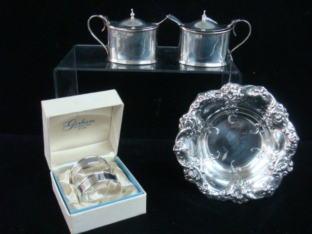 Sterling Silver Mustards, Napkin Rings and Dish:: Sterling Silver Mustards, Napkin Rings and Dish: Pair of Alexander Clark Co LTD 1914 Birmingham English Mustard Jars with Cobalt Glass Liners and Sterling Spoons. Pair of Gorham 1 3/4" Napkin Rings in