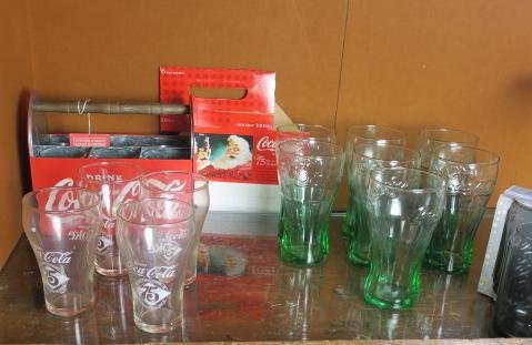 Coca-Cola Brand Nostalgic Glassware:: Coca-Cola Brand Nostalgic Glassware: Includes Four, 75th Anniversary Glasses from Norfolk, VA Bottling Co., Six Green Bottle Type Coke Glasses and Two Vaso Lata Capo Can Glasses. Plus a Metal "Drink C